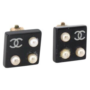 CHANEL Earring metal Black CC Auth bs31265